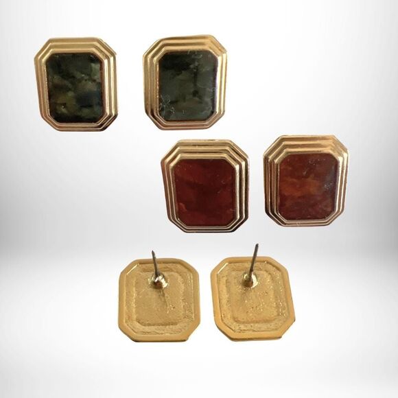 1985 Park Avenue Avon Earrings - Marbled Jade and Bordeaux with Gold Trim  - NIB - Picture 4 of 5